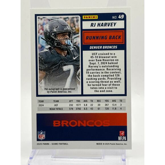2025 Panini Score Football RJ Harvey Rookie Auto Denver Broncos RC - Picture 2 of 2
